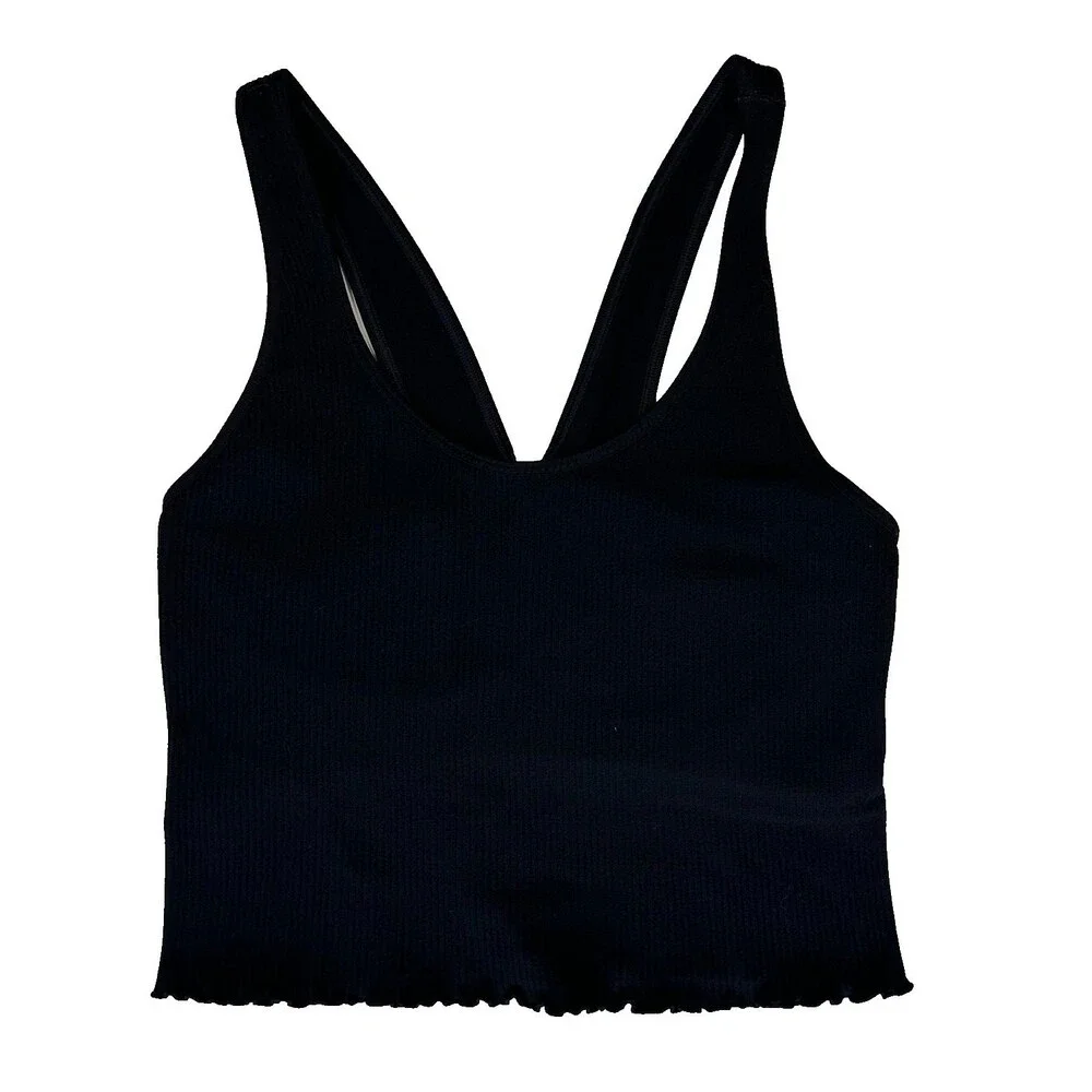 Spiritual Gangster M/L Amor Crop Rib Tank Top Black Ruffled Lettuce Edge Bra